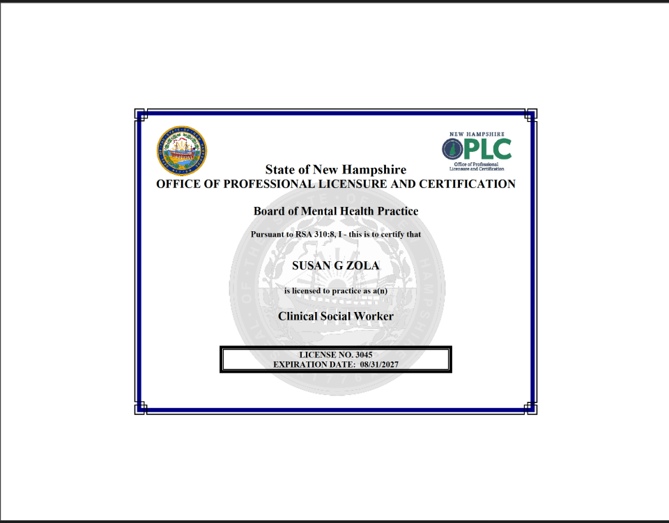 A New Hampshire clinical social worker license certificate for Susan G Zola, license number 3045, with an expiration date of 08/31/2027.